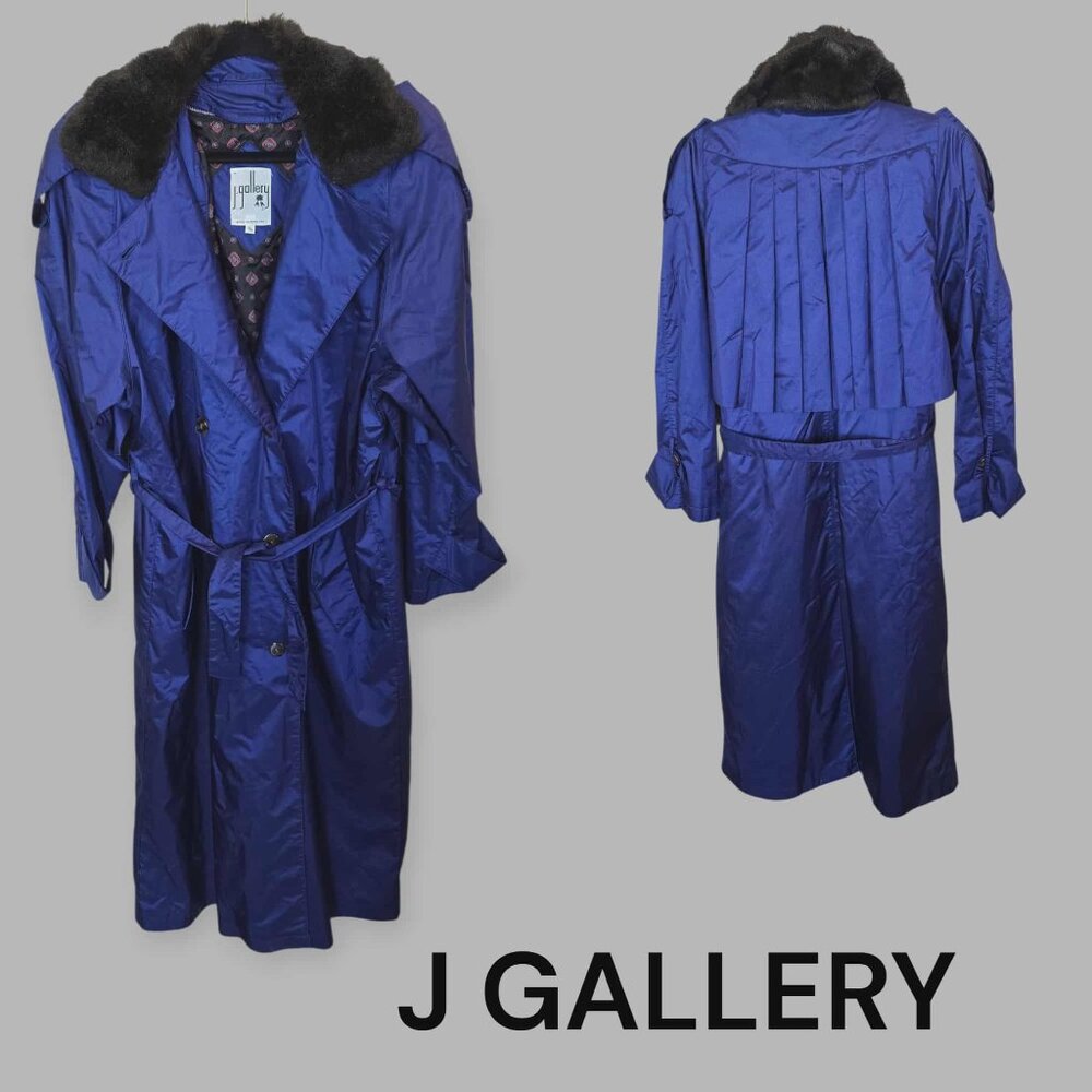J Gallery Vintage Blue Nylon Long Belted Trench Coat Jacket Womens 13/14